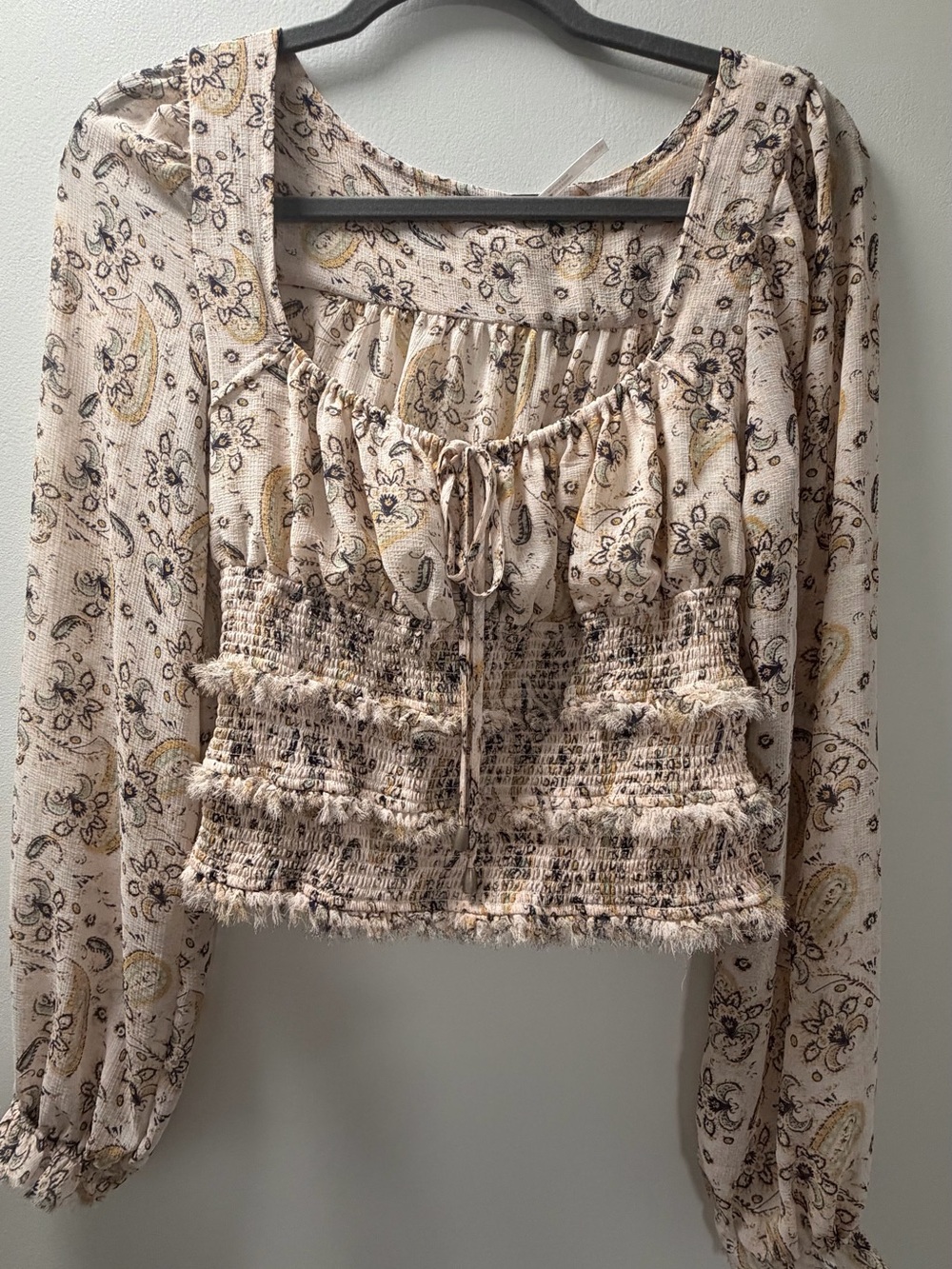 Free People Cream Paisley Smocked Crop Lolita Top